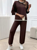 Round Neck Dropped Shoulder Top and Pants Sweater Set - Trendsi - Flyclothing LLC
