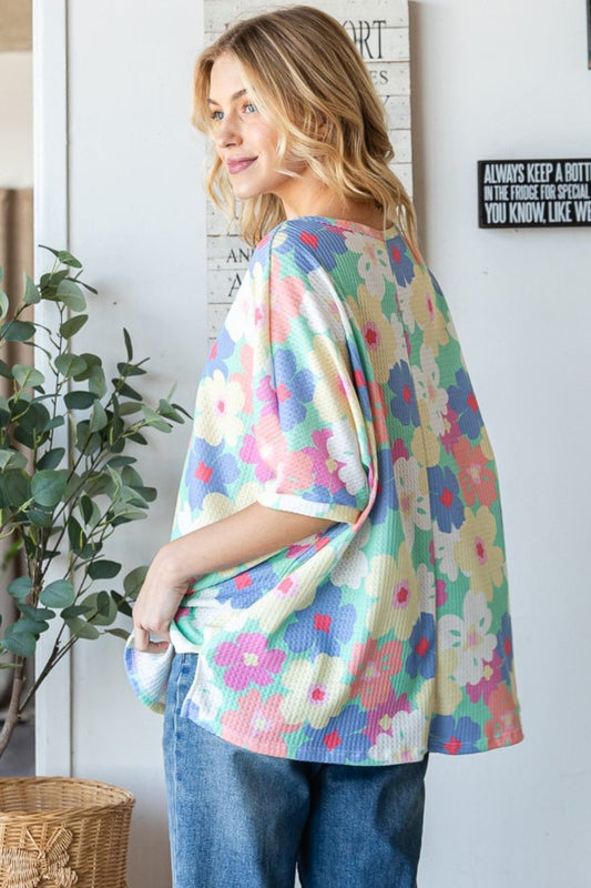HOPELY Floral Waffle Oversized T-Shirt - Trendsi
