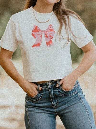 Bow Round Neck Short Sleeve T-Shirt - Trendsi - Flyclothing LLC