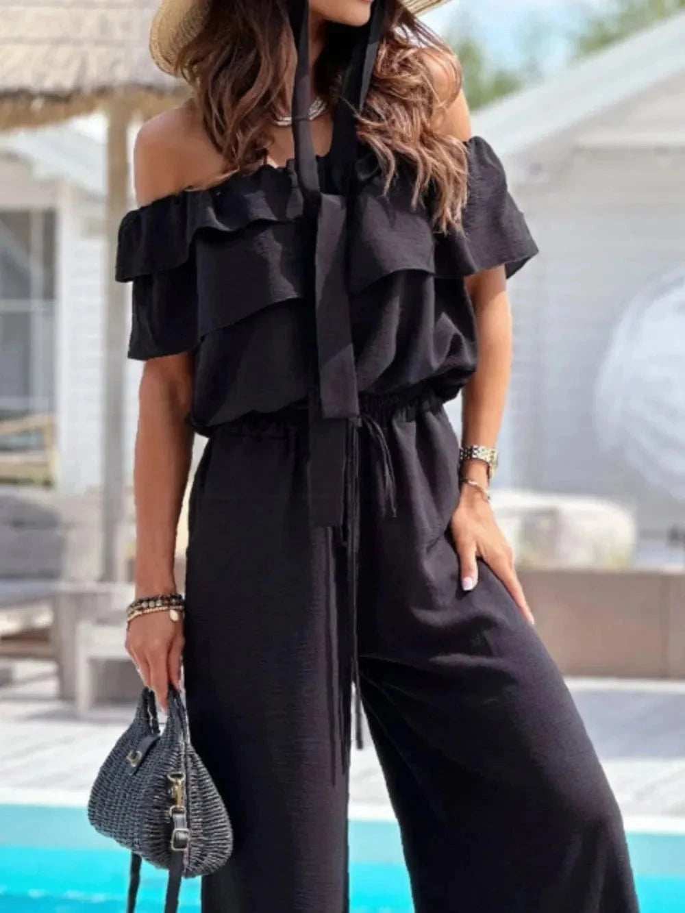 Ruffled Off Shoulder Wide Leg Jumpsuit - Trendsi - Flyclothing LLC