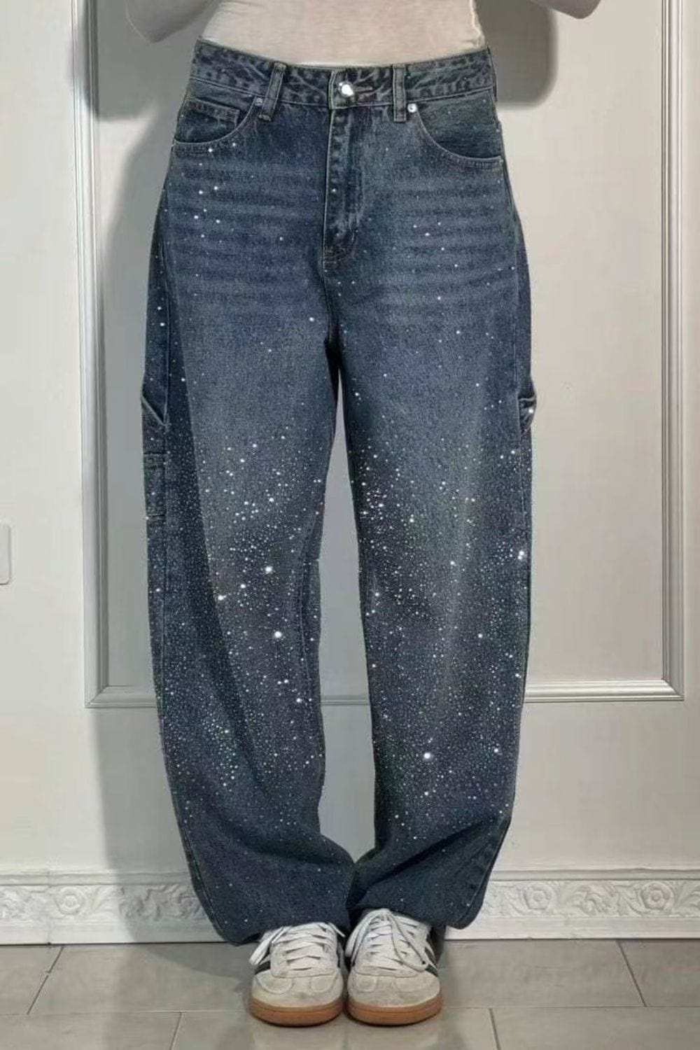 Full Size Washed Rhinestone Detail Wide leg Jeans Plus Size - Trendsi - Flyclothing LLC