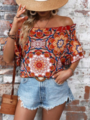 Printed Off-Shoulder Half Sleeve Blouse - Trendsi