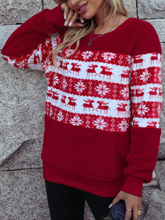 Christmas Element Round Neck Long Sleeve Sweatshirt - Trendsi