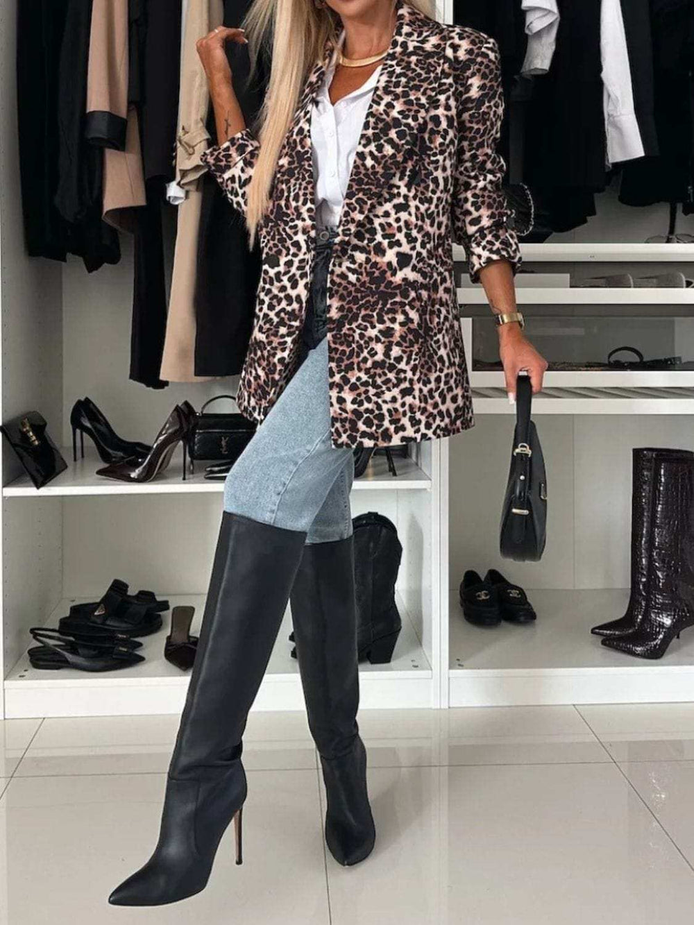 Animal Print Long Sleeve Blazer - Trendsi - Flyclothing LLC