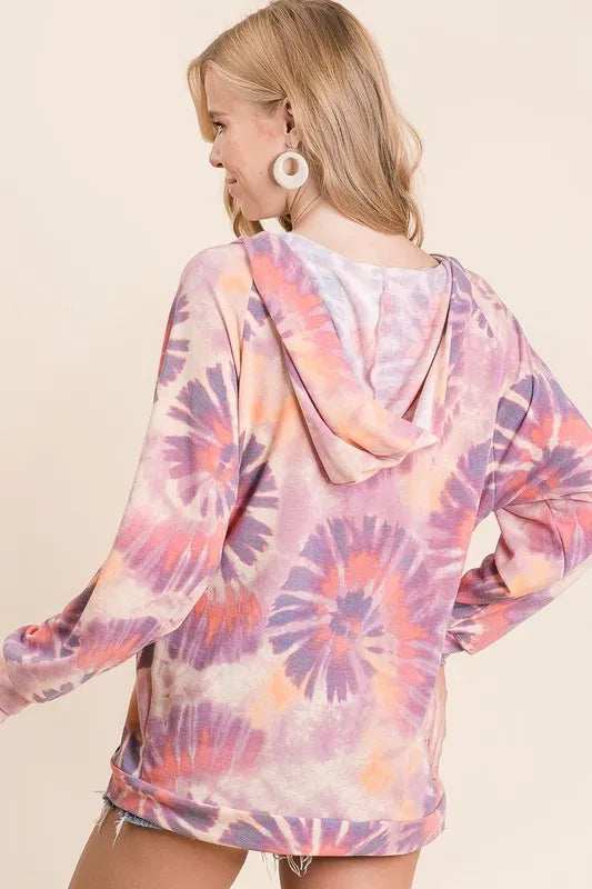 BiBi Circular Tie Dye Print Terry Hoodie with Kangaroo - Trendsi - Flyclothing LLC