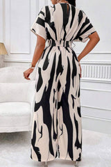 Printed V-Neck Short Sleeve Wide Leg Jumpsuit - Trendsi - Flyclothing LLC