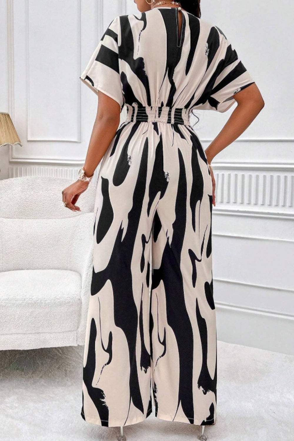 Printed V-Neck Short Sleeve Wide Leg Jumpsuit - Trendsi - Flyclothing LLC