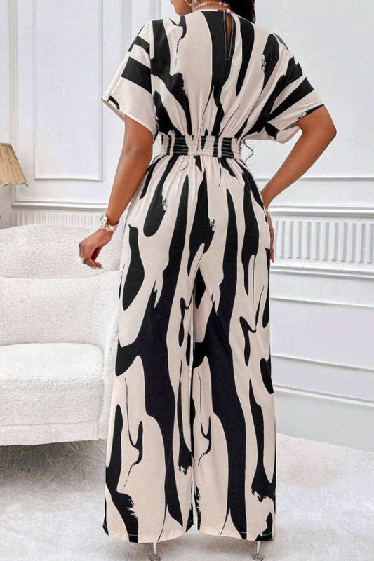 Printed V-Neck Short Sleeve Wide Leg Jumpsuit - Trendsi - Flyclothing LLC