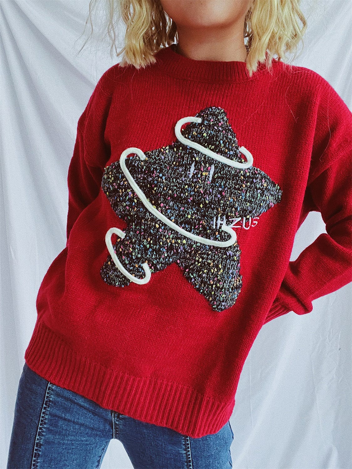 Contrast Star Round Neck Long Sleeve Sweater - Trendsi