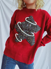Contrast Star Round Neck Long Sleeve Sweater - Trendsi