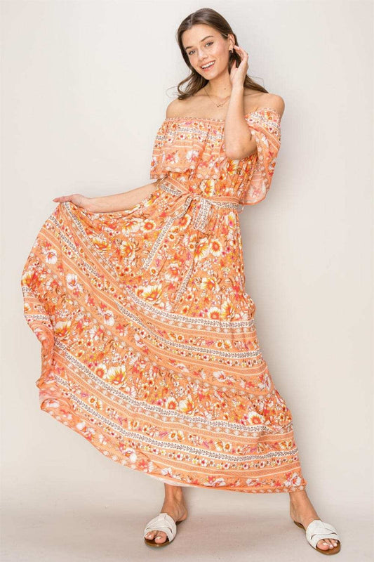 HYFVE Floral Off-Shoulder Tie Front Maxi Dress - Trendsi - Flyclothing LLC
