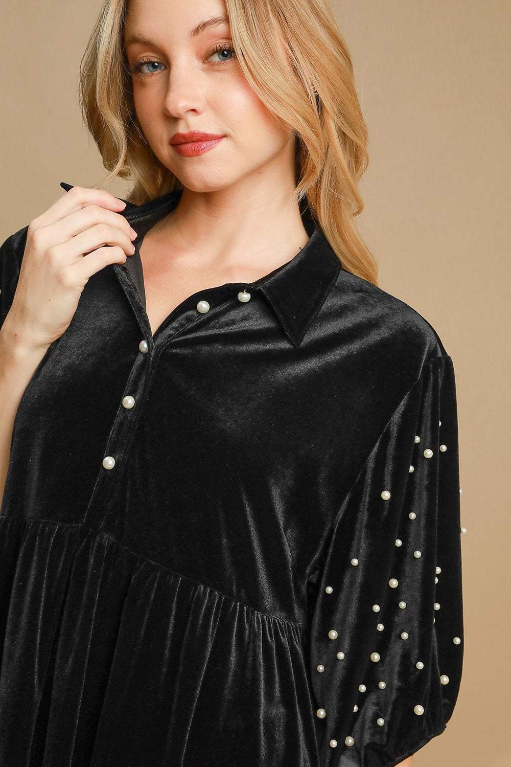 Umgee Pearl Detail Half Sleeve Velvet Babydoll Blouse - Trendsi - Flyclothing LLC