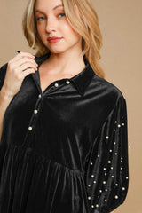 Umgee Pearl Detail Half Sleeve Velvet Babydoll Blouse - Trendsi - Flyclothing LLC