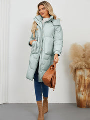 Long Sleeve Longline Hooded Winter Coat - Trendsi