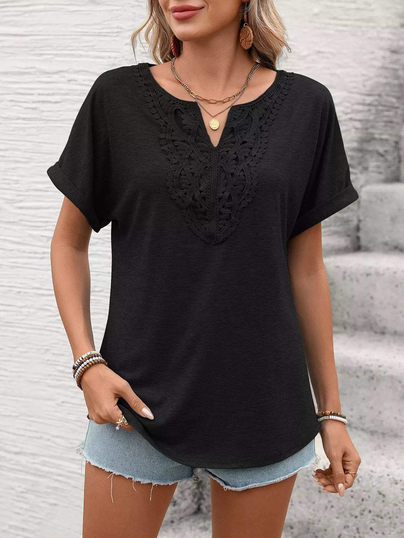 Lace Trim Short Sleeve T-Shirt - Trendsi - Flyclothing LLC