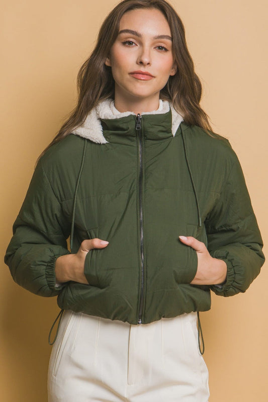 Love Tree Zip Up Cropped Hooded Sherpa Reversible Jacket - Trendsi