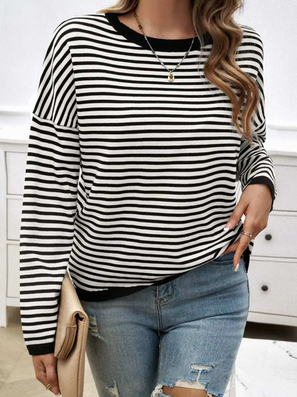 Striped Round Neck Dropped Shoulder Sweater - Trendsi - Flyclothing LLC