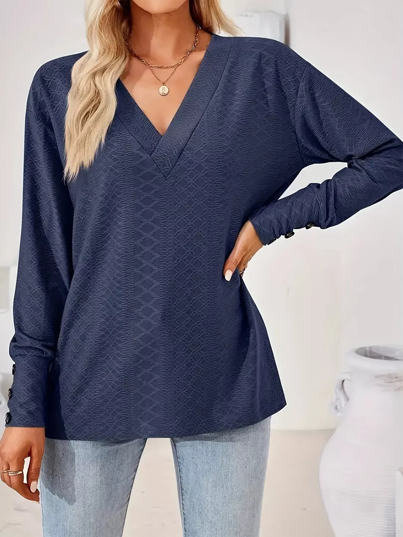 Plus Size V-Neck Textured Long Sleeve T-Shirt - Trendsi - Flyclothing LLC