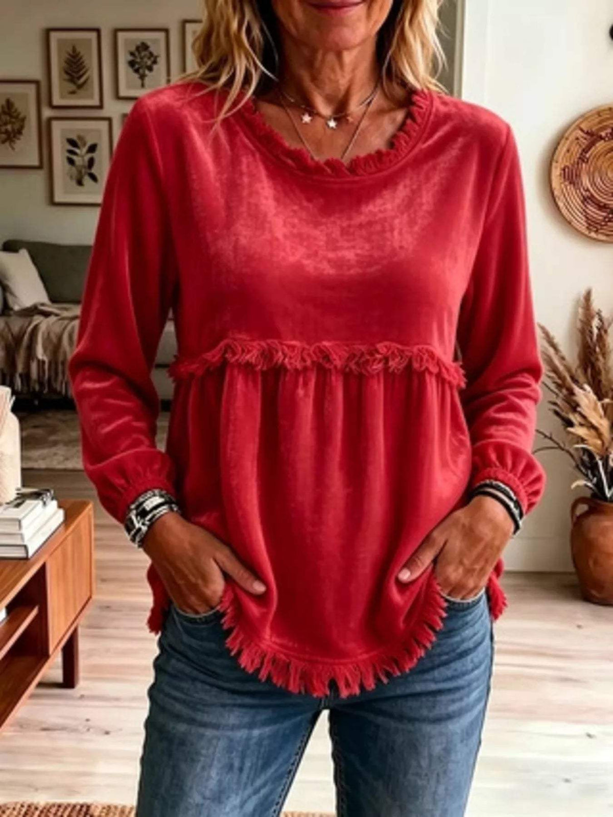 Fringed Hem Long Sleeve T-Shirt - Trendsi - Flyclothing LLC