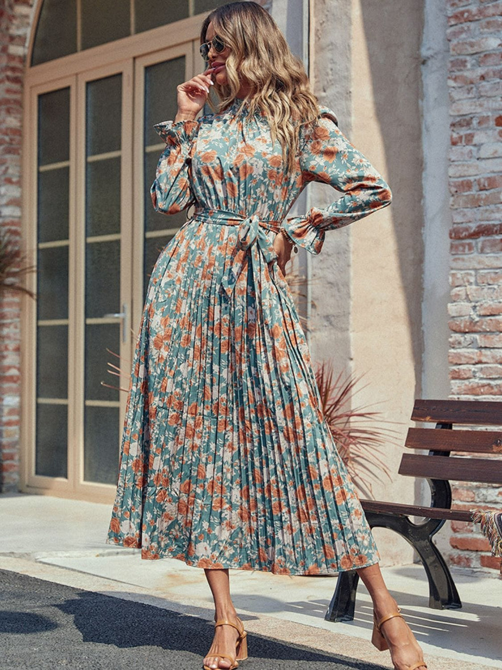 Perfee Tied Pleated Printed Mock Neck Long Sleeve Dress - Trendsi