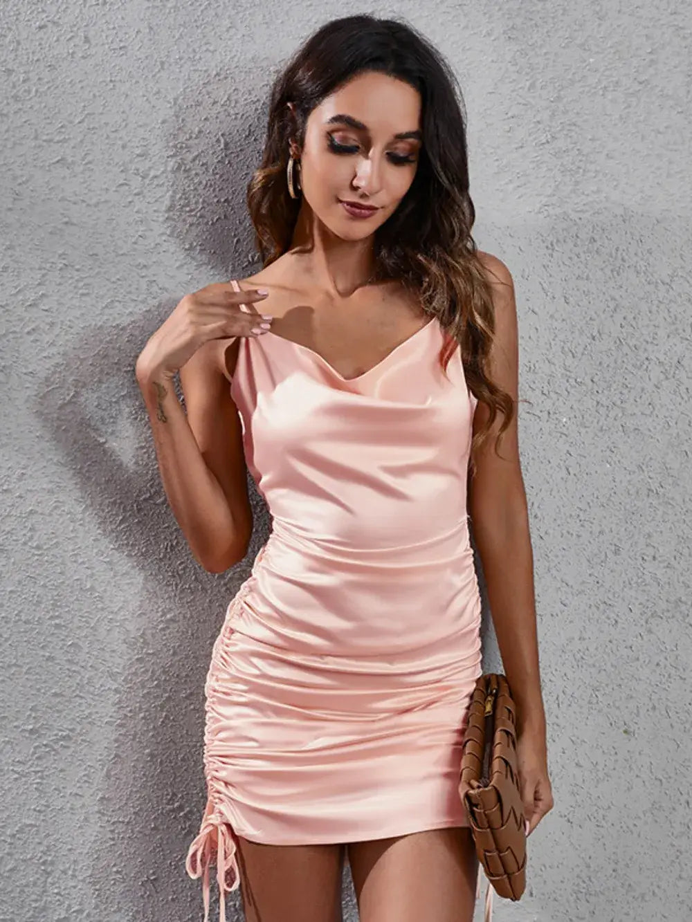 Side Drawstring Ruched Cowl Neck Mini Cami Dress - Trendsi - Flyclothing LLC