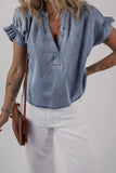 V Neck Ruffled Short Puff Sleeve Denim Top - Trendsi