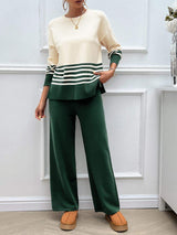 Devine Slit Striped Round Neck Top and Pants Sweater Set - Trendsi - Flyclothing LLC
