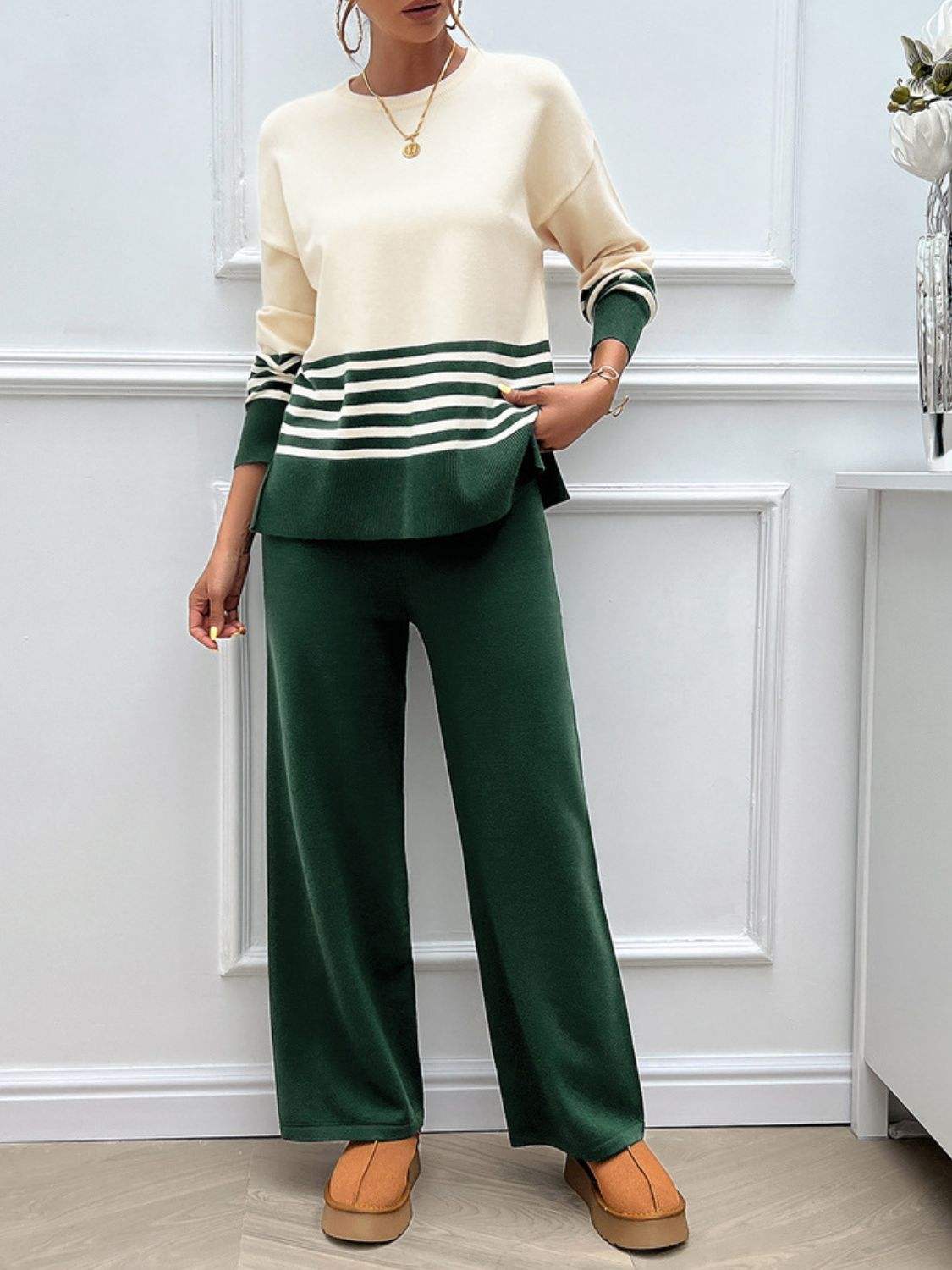 Devine Slit Striped Round Neck Top and Pants Sweater Set - Trendsi - Flyclothing LLC