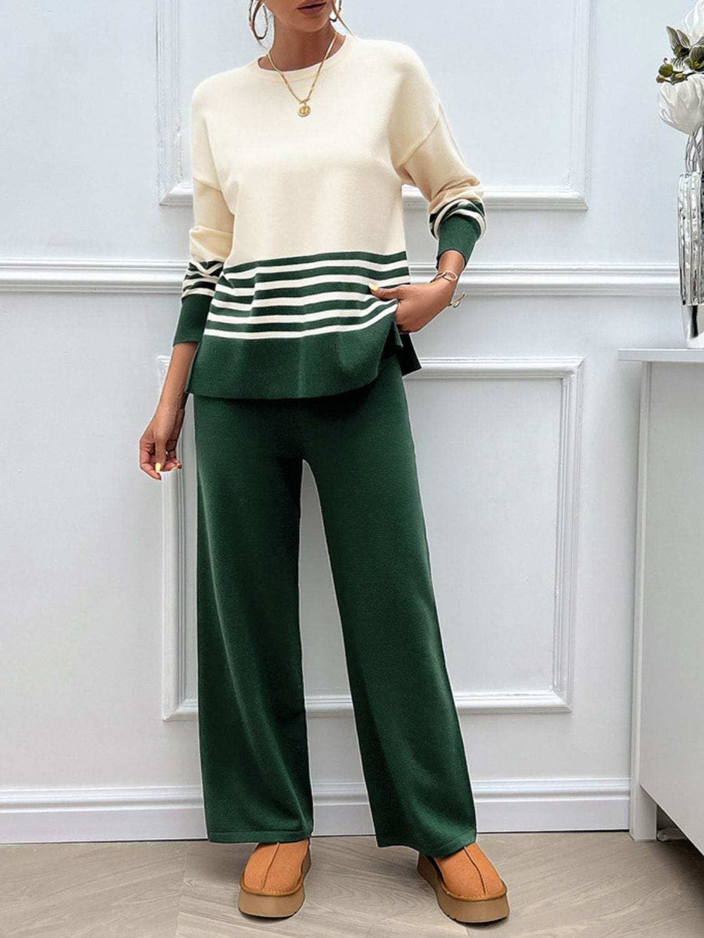 Devine Slit Striped Round Neck Top and Pants Sweater Set - Trendsi - Flyclothing LLC