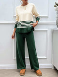 Devine Slit Striped Round Neck Top and Pants Sweater Set - Trendsi - Flyclothing LLC
