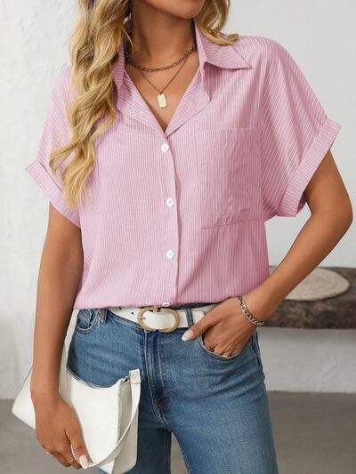 Mandy Pocketed Striped Collared Neck Short Sleeve Shirt - Trendsi - Flyclothing LLC