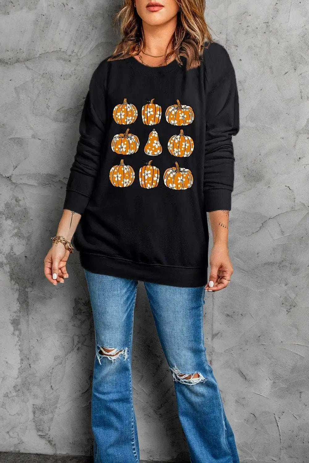 Pumpkin Round Neck Long Sleeve Sweatshirt - Trendsi - Flyclothing LLC
