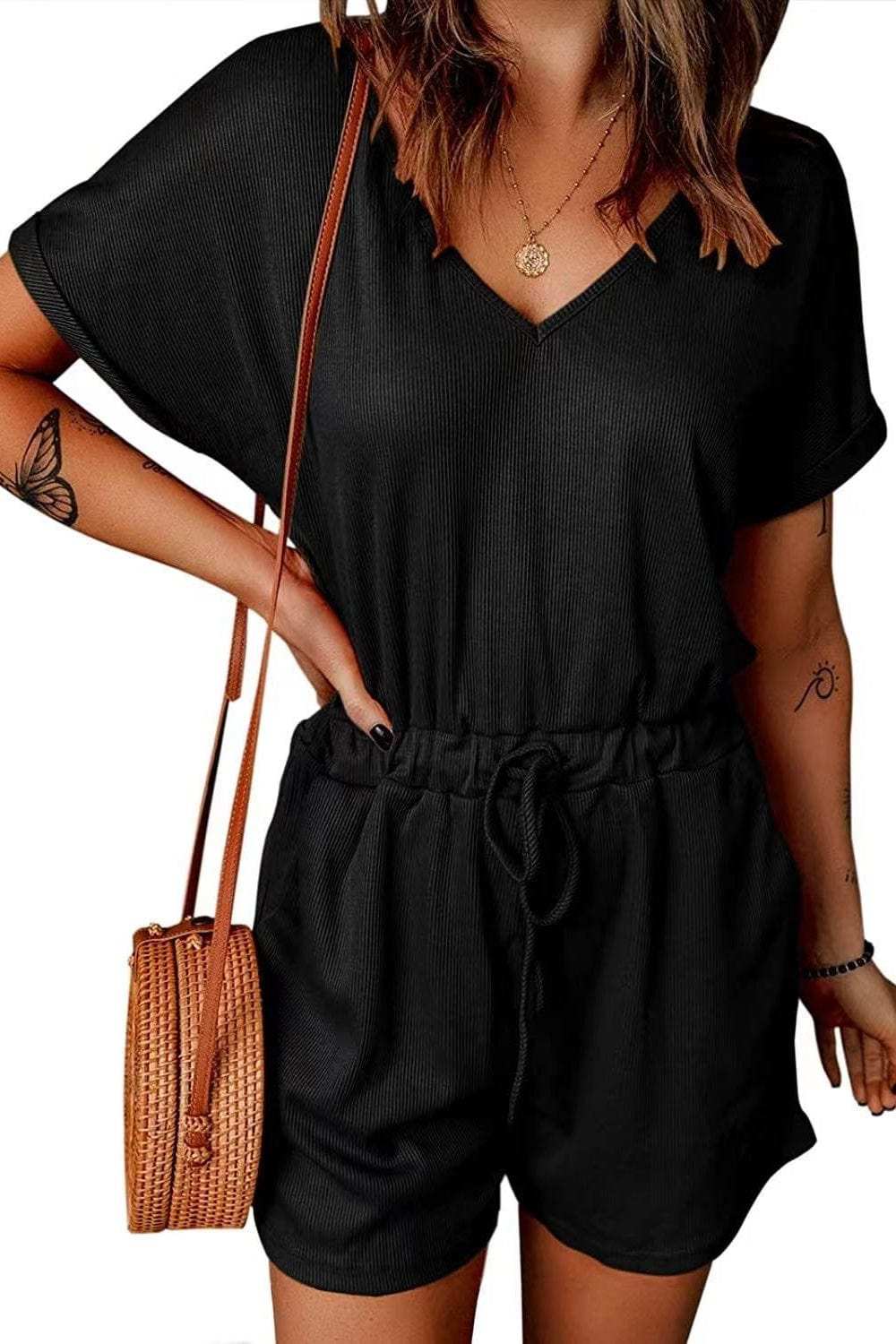 Full Size Drawstring V-Neck Short Sleeve Romper - Trendsi - Flyclothing LLC