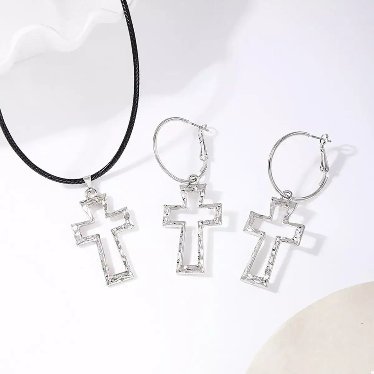 Cross Pendant Necklace & Hoop Earrings Jewelry Set - Trendsi - Flyclothing LLC