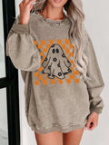 Halloween Checkerboard Floral Ghost Graphic Corded Sweatshirt - Trendsi - Flyclothing LLC