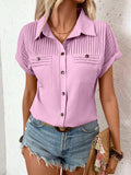 Pleated Detail Collared Neck Short Sleeve Shirt - Trendsi - Flyclothing LLC