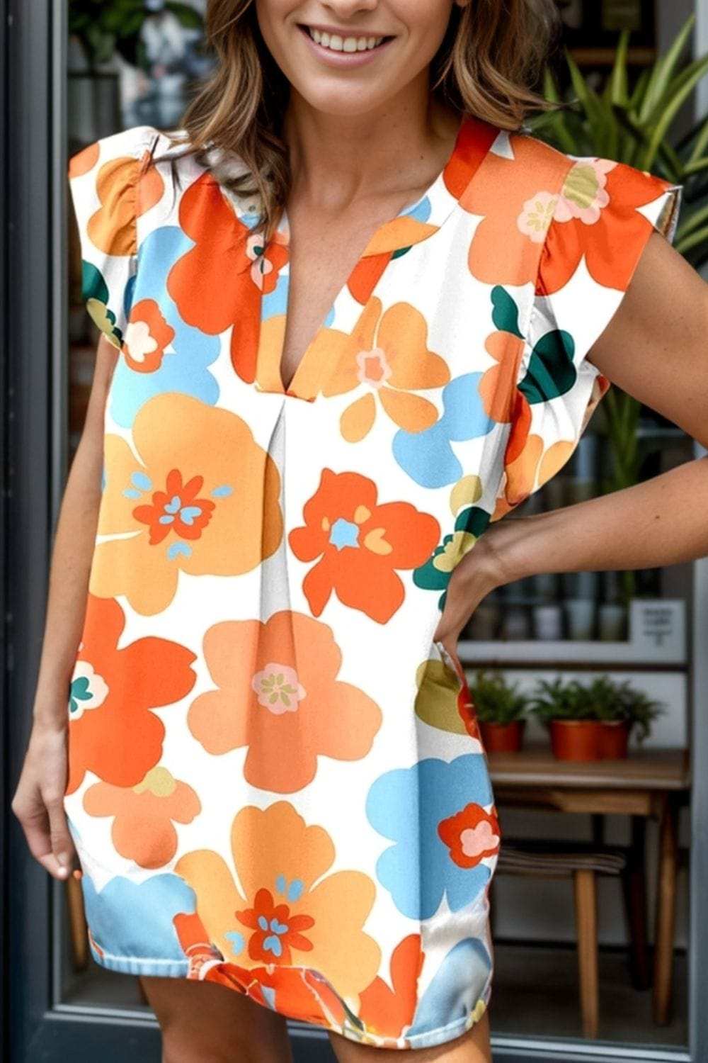 Ruffled Printed Notched Cap Sleeve Blouse - Trendsi - Flyclothing LLC