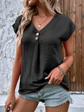 Decorative Button V-Neck Short Sleeve Blouse - Trendsi - Flyclothing LLC