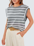 Striped Round Neck Cap Sleeve T-Shirt - Trendsi - Flyclothing LLC