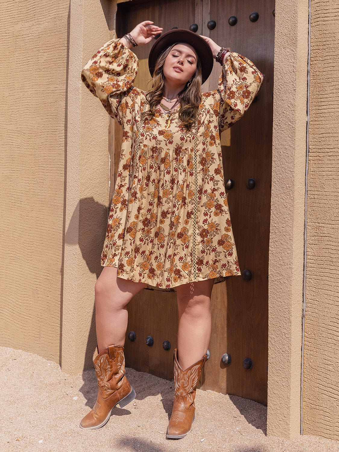 Plus Size Printed V-Neck Balloon Sleeve Mini Dress - Trendsi