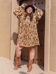 Plus Size Printed V-Neck Balloon Sleeve Mini Dress - Trendsi