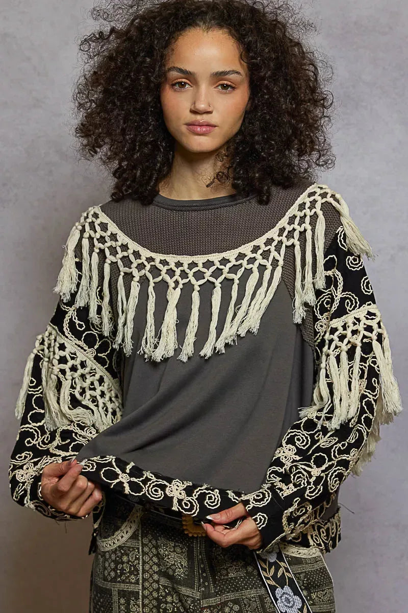 POL Contrast Floral Embroidery Balloon Sleeve Top with Tassel Trim - Trendsi - Flyclothing LLC