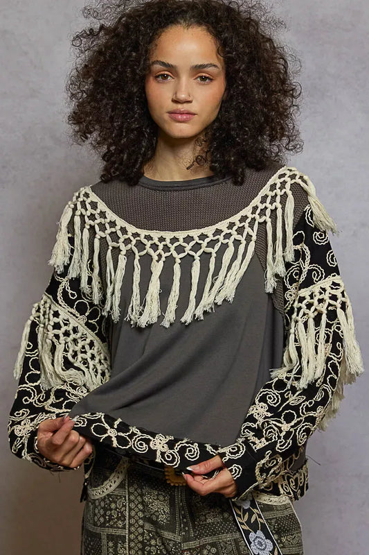 POL Contrast Floral Embroidery Balloon Sleeve Top with Tassel Trim - Trendsi - Flyclothing LLC