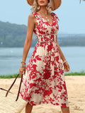 Smocked Printed Surplice Midi Dress - Trendsi