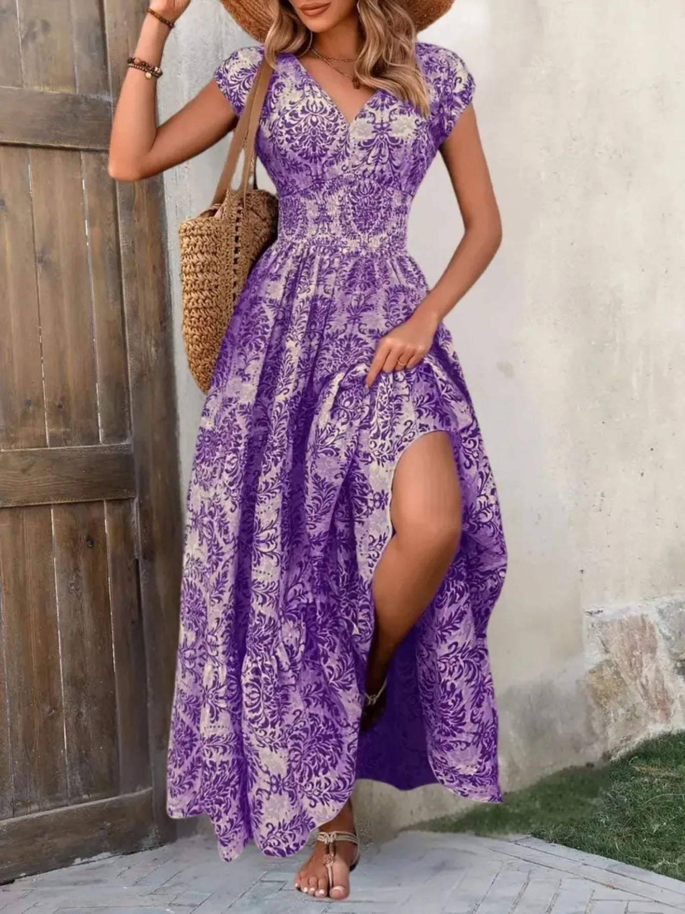 Printed Cap Sleeve Maxi Dress - Trendsi - Flyclothing LLC
