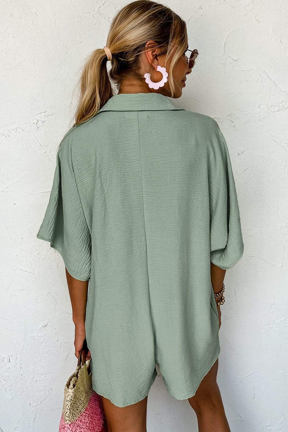 Half Button Collared Neck Romper - Trendsi - Flyclothing LLC
