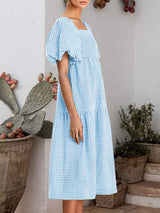 Plaid Square Neck Short Sleeve Dress - Trendsi - Flyclothing LLC