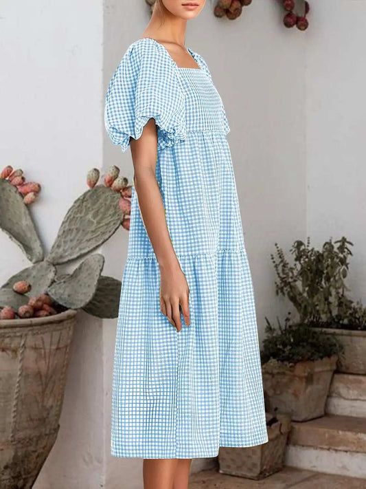 Plaid Square Neck Short Sleeve Dress - Trendsi - Flyclothing LLC