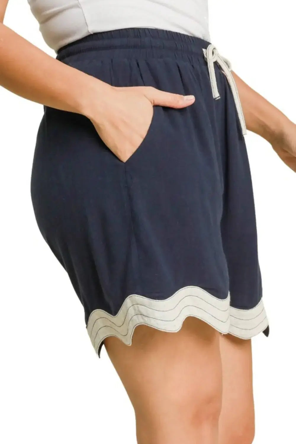 Umgee Full Size Color Blocked Scalloped Hem Shorts Plus Size - Trendsi - Flyclothing LLC
