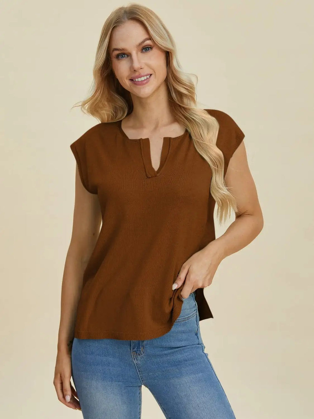 Double Take Full Size Notched Cap Sleeve Knit Top - Trendsi